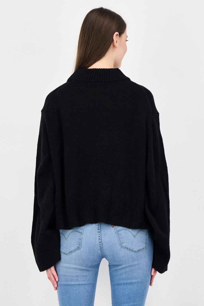 NIA Women Ribbed Collar Knitted Sweater, Black - Image 4
