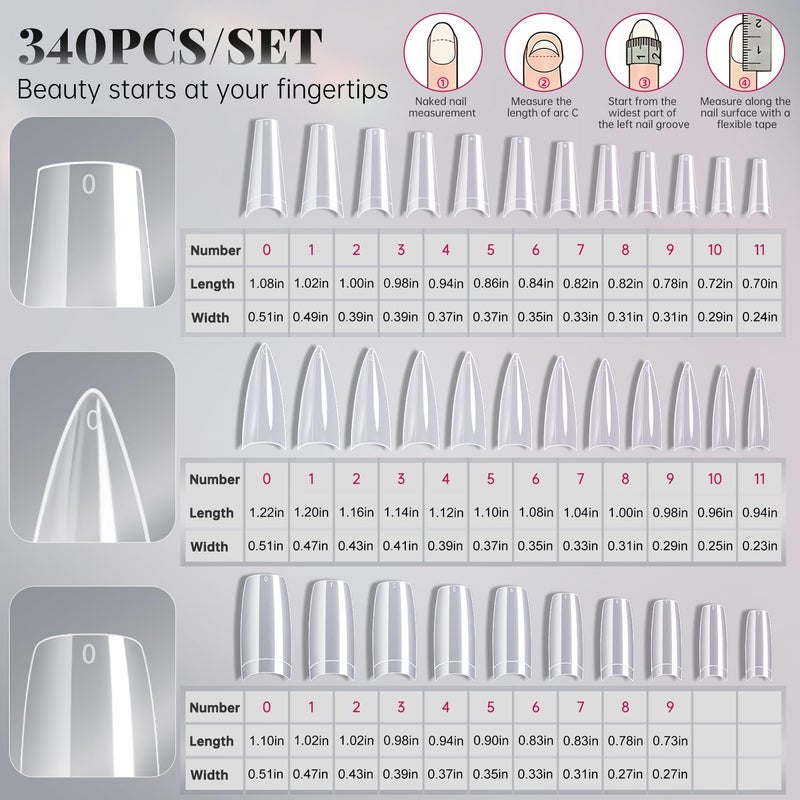 krofaue 3 Styles False Nail Tips Kit,340PCS Clear Coffin French Stiletto Nail Tips Half Cover Acrylic Artificial Press on Nails for Nail Extension Soft Gel Tips Art DIY - Image 3