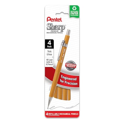 Pentel قلم رصاص ميكانيكي بنتل شارب، (0.9 مم)، خط عريض، برميل أصفر، عبوة من 4 (P209PF4G) - Image 1