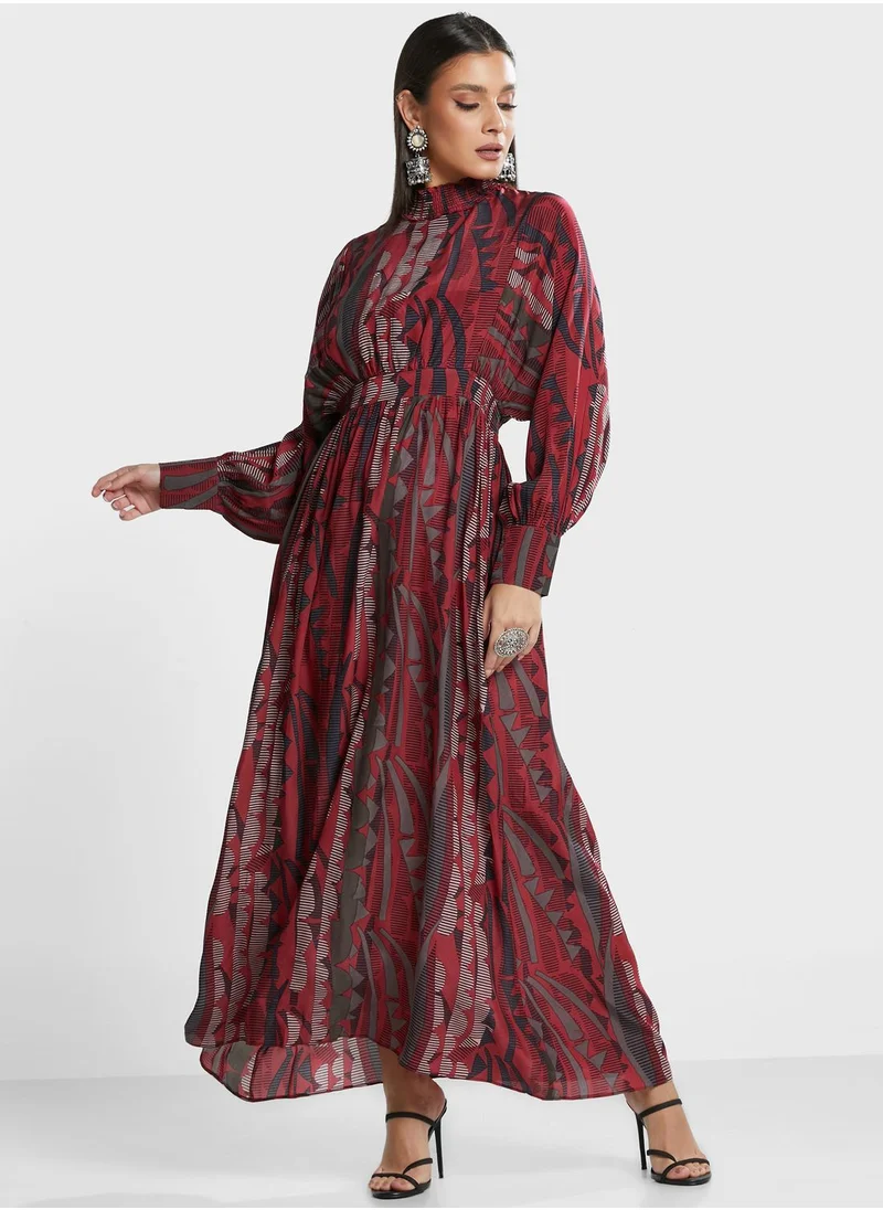 RITU KUMAR Balloon Sleeve Printed High Neck Dress