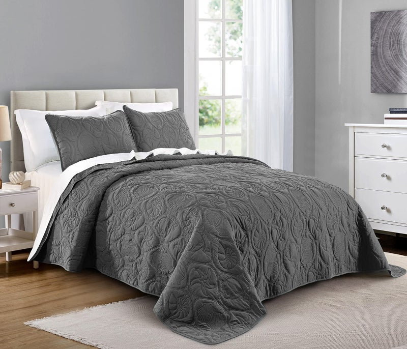 Pure Bedding Quilt Set Full/Queen Size Dark Grey - Oversized Bedspread - Soft Microfiber Coverlet for All Season - Includes 1 Quilt and 2 Shams, Ocean Star Pattern - Image 1