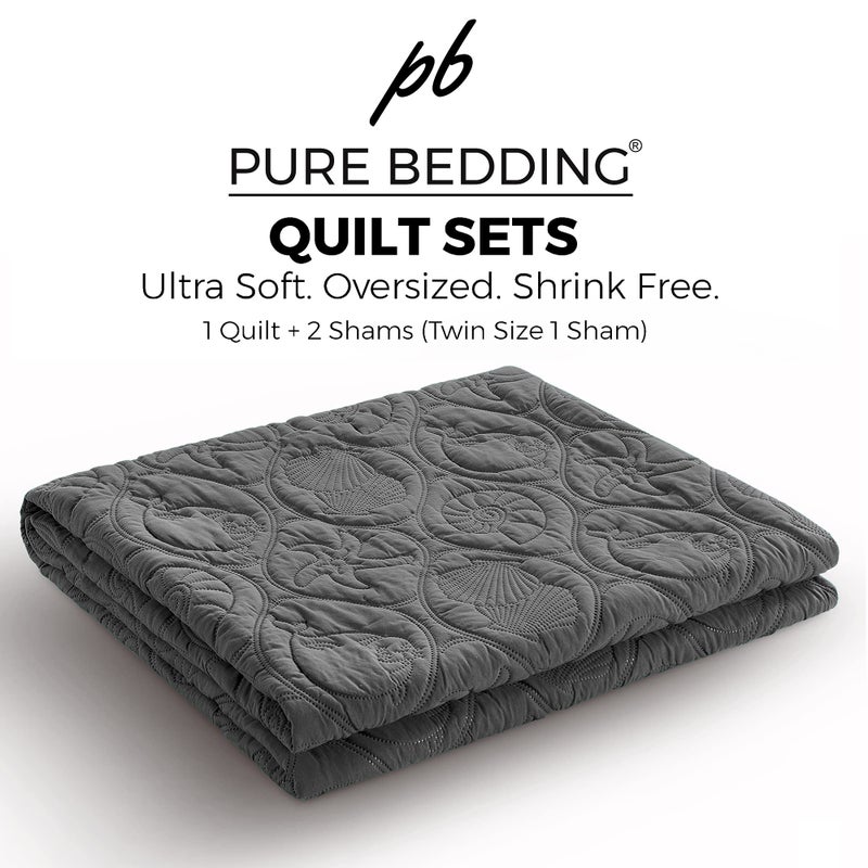 Pure Bedding Quilt Set Full/Queen Size Dark Grey - Oversized Bedspread - Soft Microfiber Coverlet for All Season - Includes 1 Quilt and 2 Shams, Ocean Star Pattern - Image 2