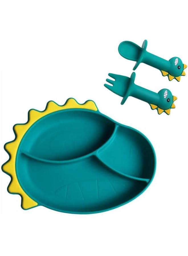 Silicone Suction Plate for Baby, Divided Unbreakable Toddler Food Plates with Spoons,Self Feeding Training Baby Dinner Plate, Dinosaurs Shape,Green - Image 1