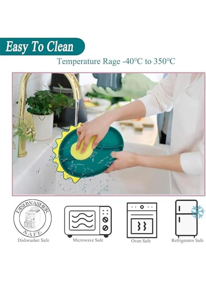 Silicone Suction Plate for Baby, Divided Unbreakable Toddler Food Plates with Spoons,Self Feeding Training Baby Dinner Plate, Dinosaurs Shape,Green - Image 3