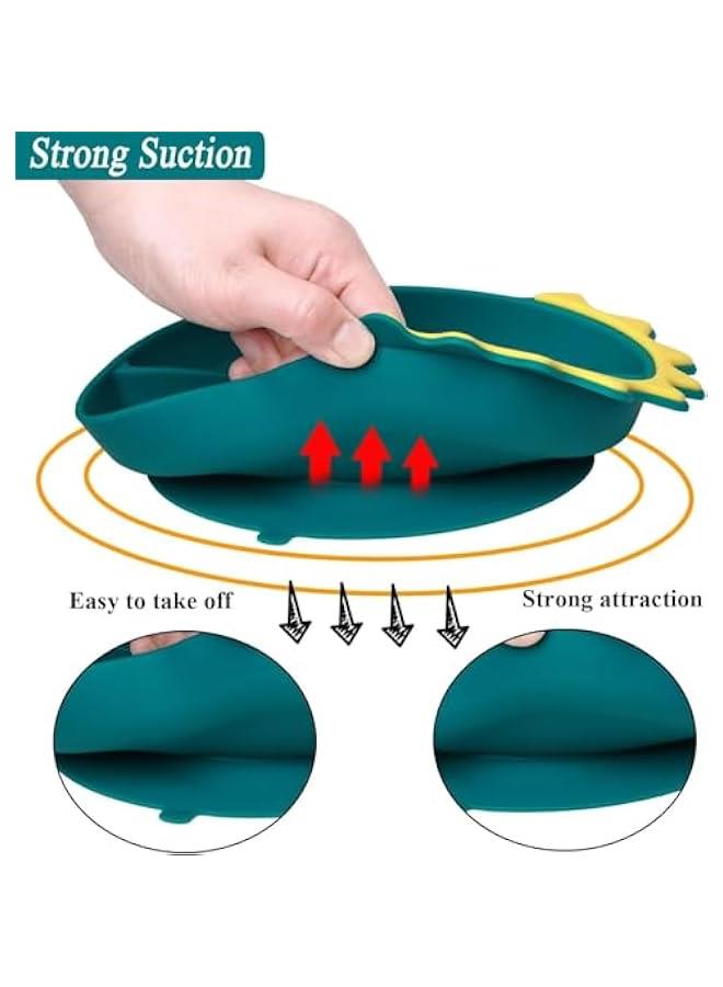 Silicone Suction Plate for Baby, Divided Unbreakable Toddler Food Plates with Spoons,Self Feeding Training Baby Dinner Plate, Dinosaurs Shape,Green - Image 2