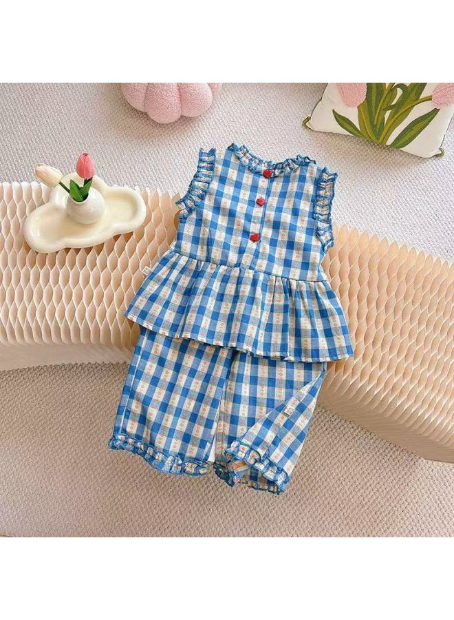 Girl's Summer New Two-piece Set Korean Style Fashion Blue Check Sleeveless Vest Stylish Lace Wide-leg Pants