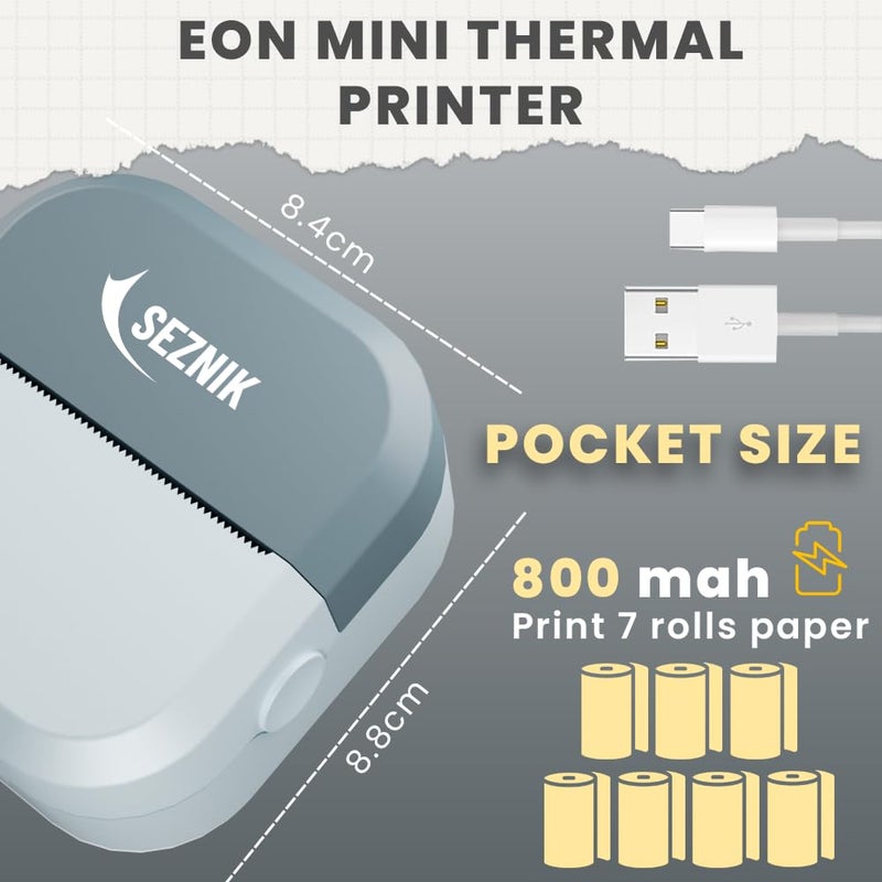 SEZNIK Mini Printer, Inkless, Thermal, Bluetooth, Portable Printer, Compatible Android, iOS Mobile. 1 Year Warranty (EON-PhantomBlue) - Image 4