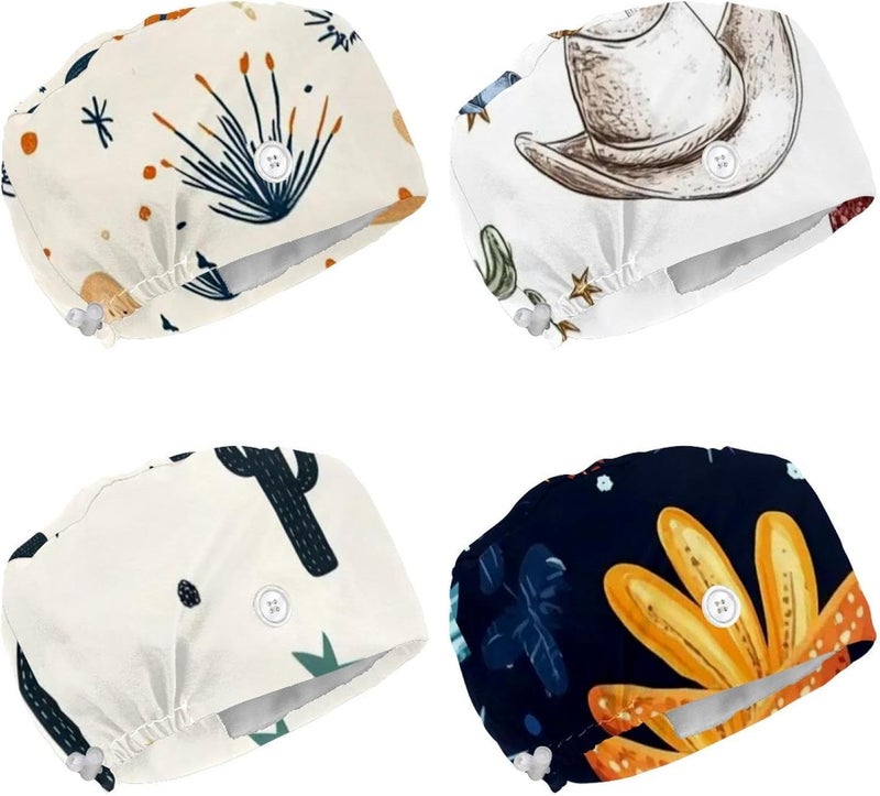 4 Packs Cowboy Hat Cactuses Western Adjustable Scrub Cap Hat, Working Hat Sweatband for Woman - Image 1