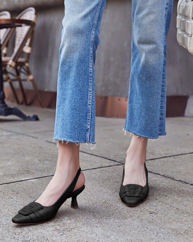 Coutgo Womens Low Kitten Heel Sling Back Heels Dress Shoes Elegant Slingback Pumps Closed Toe Comfortable Party Sandals - Image 2
