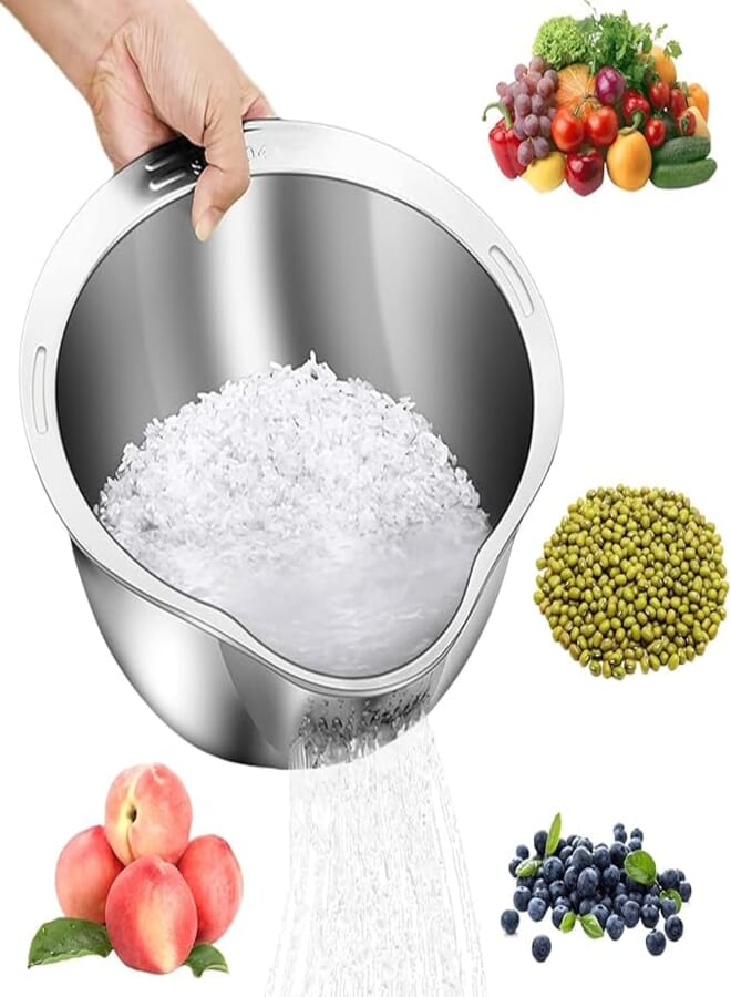 YelaJoy Rice Washer Strainer Bowl - 4-in-1 Washing Bowl for Quinoa, Stainless Steel Rinser With Side Drainers Small Colander for Cleaning Fruits, Vegetables, and Beans - Versatile Kitchen Tool