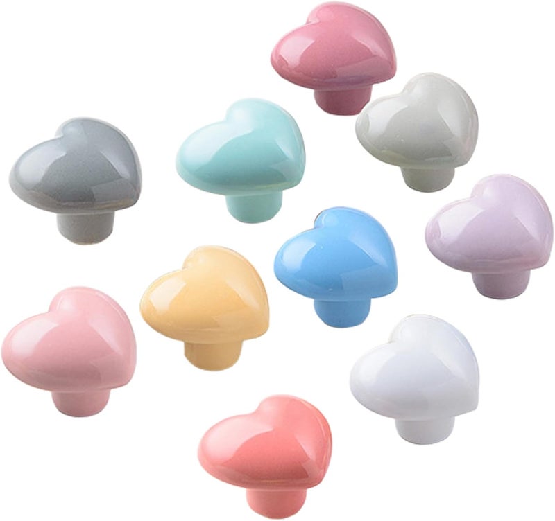 Perphin Ceramic Drawer Knobs Heart Shape Colorful Heart Cabinet Dresser Pulls Handles with 3 Sized Screws, Kitchen Furniture Knobs for Closet Cupboard Wardrobe (Mixed Color, 10 Pack) - Image 1