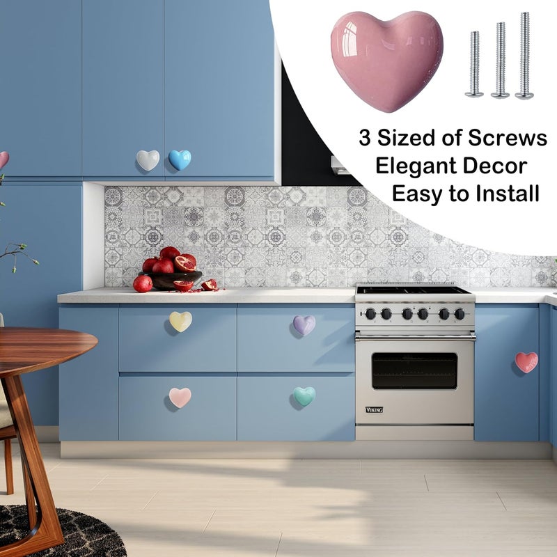 Perphin Ceramic Drawer Knobs Heart Shape Colorful Heart Cabinet Dresser Pulls Handles with 3 Sized Screws, Kitchen Furniture Knobs for Closet Cupboard Wardrobe (Mixed Color, 10 Pack) - Image 2