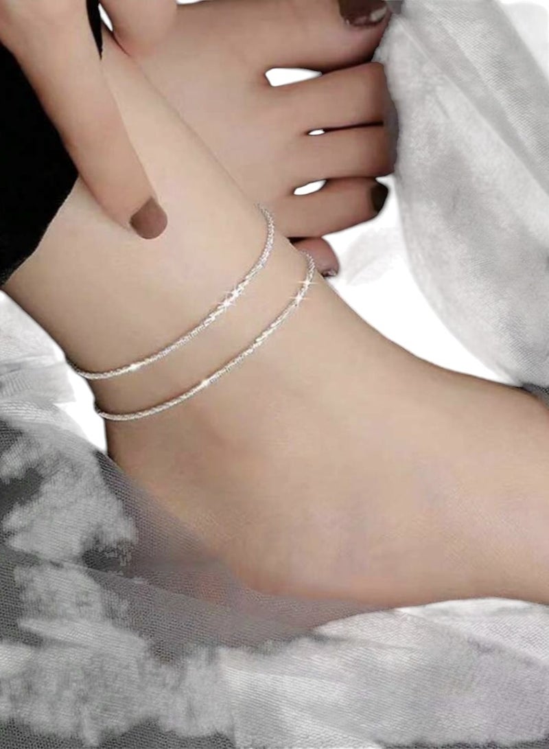 سلسلة كاحل فضية قطعتين للنساء، أساور الكاحل الشاطئية، مجوهرات القدم اللامعة والعصرية، هدية مثالية - Image 5