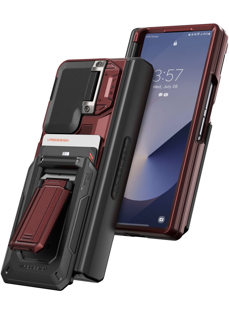 VRS Design D-Wallet Origin Samsung Galaxy Z Fold 6 Case Cover Wallet with Semi Automatic Credit Card Holder Slot [2 Cards] & Camera Lens Protector Kickstand - Metallic Red  - Image 1