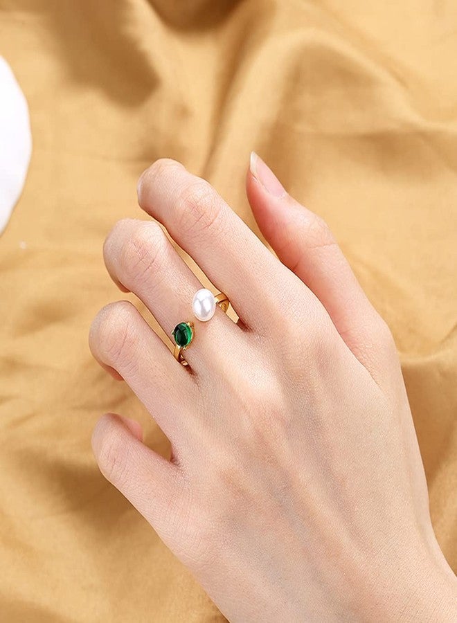 OIDIMS Emerald Pearl Open Ring 18K Gold-Tone Plated Statement Dainty Thin Adjustable Stacking Finger Engagement Wedding Band Charm Birthday Fashion Gift for Women Christmas Bff - Image 2