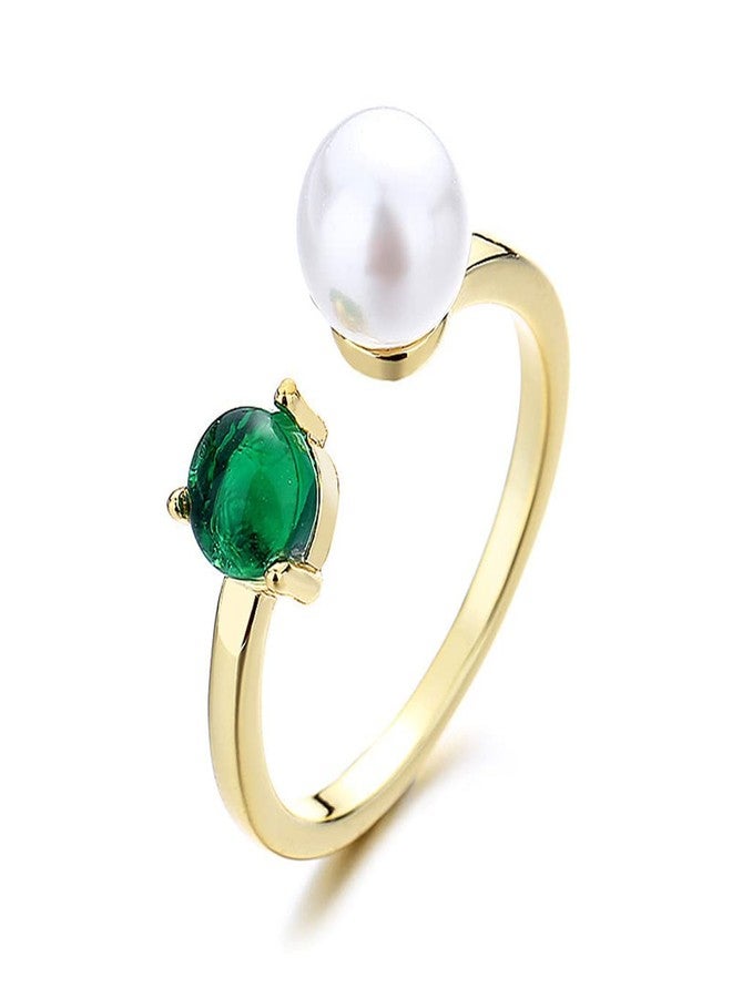 OIDIMS Emerald Pearl Open Ring 18K Gold-Tone Plated Statement Dainty Thin Adjustable Stacking Finger Engagement Wedding Band Charm Birthday Fashion Gift for Women Christmas Bff - Image 1