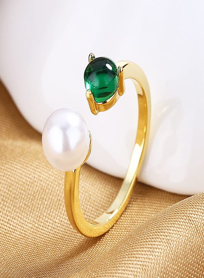 OIDIMS Emerald Pearl Open Ring 18K Gold-Tone Plated Statement Dainty Thin Adjustable Stacking Finger Engagement Wedding Band Charm Birthday Fashion Gift for Women Christmas Bff - Image 3