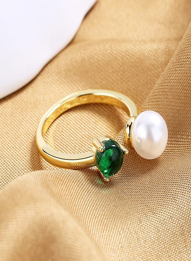 OIDIMS Emerald Pearl Open Ring 18K Gold-Tone Plated Statement Dainty Thin Adjustable Stacking Finger Engagement Wedding Band Charm Birthday Fashion Gift for Women Christmas Bff - Image 4