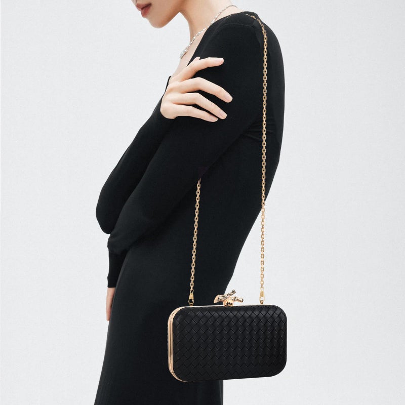 NEWROGENG Woven Clutch Purses for Women Dressy, PU Leather Evening Bags Formal with Chain, Trendy Purses and Handbags 2025, Leather Black - Image 4