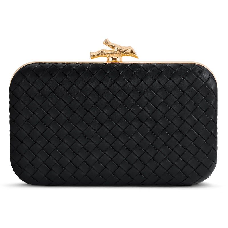 NEWROGENG Woven Clutch Purses for Women Dressy, PU Leather Evening Bags Formal with Chain, Trendy Purses and Handbags 2025, Leather Black - Image 1