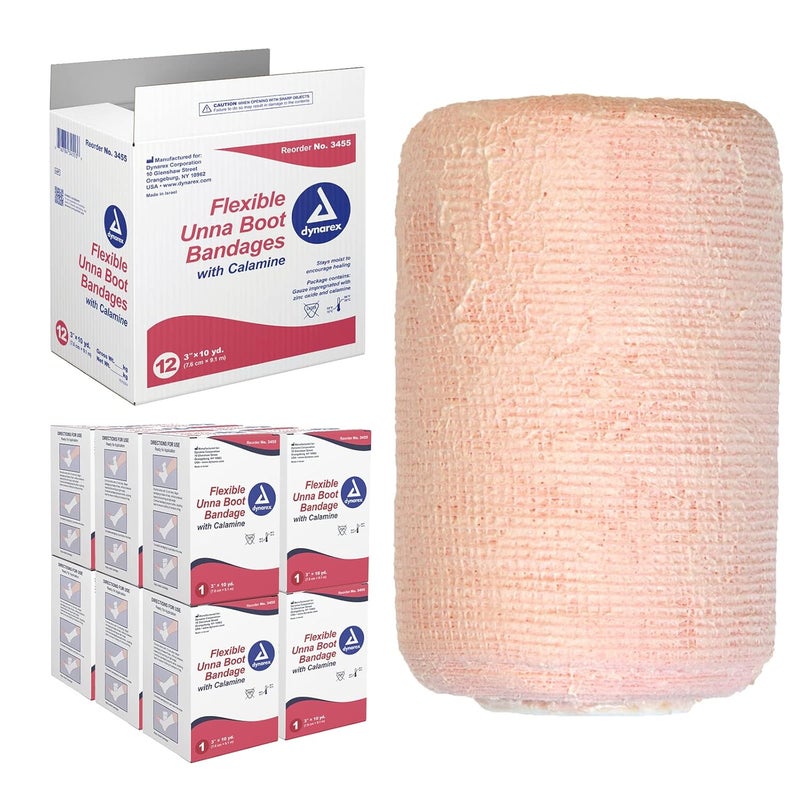 Dynarex Dynarex 3455 Unna Boot Bandage, Individually Packaged, Provides Customized Compression, With Calamine, Soft Cast, 3" x 10 Yard, Pack of 12 