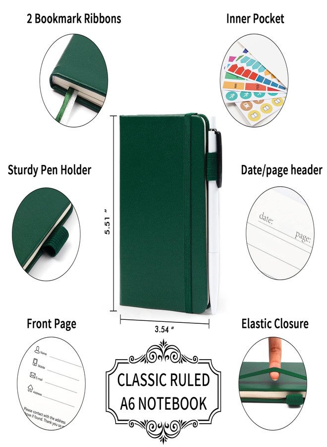 feela 3 Pack Pocket Notebook Journals with 3 Black Pens, A6 Mini Cute Small Journal Notebook Bulk Hardcover College Ruled Notepad with Pen Holder for Office School Supplies, 3.5”x 5.5”, Dark Green - Image 2