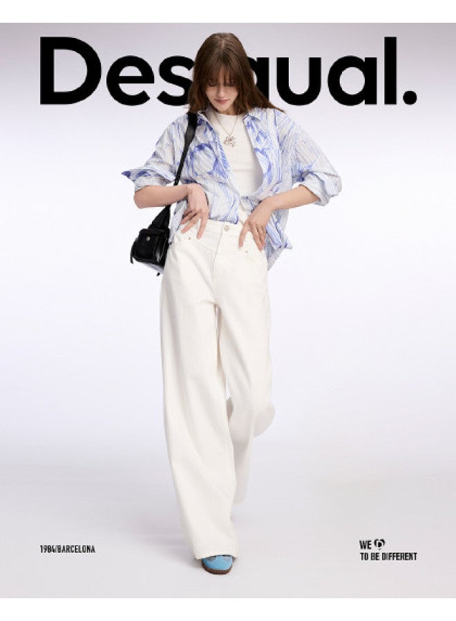 DESIGUAL ss25 وصول جديد بنطلون جينز واسع الساق بخصر مرتفع وفتحة جانبية - Image 1