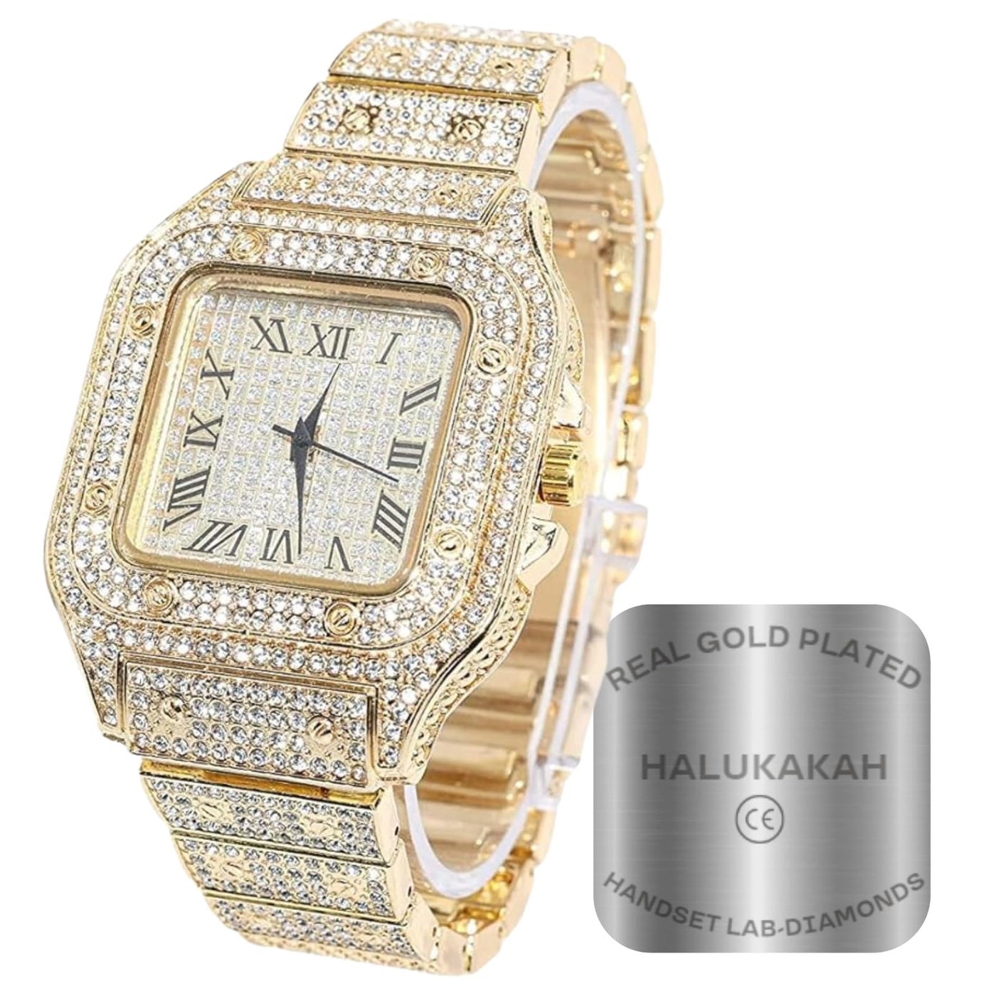 Halukakah Men's Watch - The King - 18K Gold Plated, 40MM Square Dial, Iced Out Wristband,Comes in Giftbox,Gift for Men Son Husband