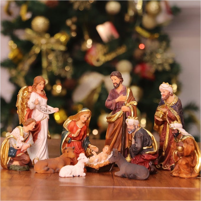 NATIVITY SET CHRISTMAS INDOOR FIGURINES 11 PCS NATIVITY SCENE SET 55 HOLY FAMILY MINIATURES STATUE CRIB JESUS MANGER ORNAMENT CHURCH XMAS GIFT HOME DECORATION