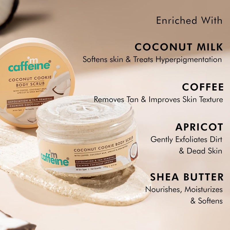 MCaffeine mCaffeine Coconut Cookie Body Scrub for Exfoliation  Tan Removal With Coffee Milk Apricot  Shea Butter  Reduce Skin Darkness  Calming Aroma  Glowing Skin for Men  Women  175g  - Image 5