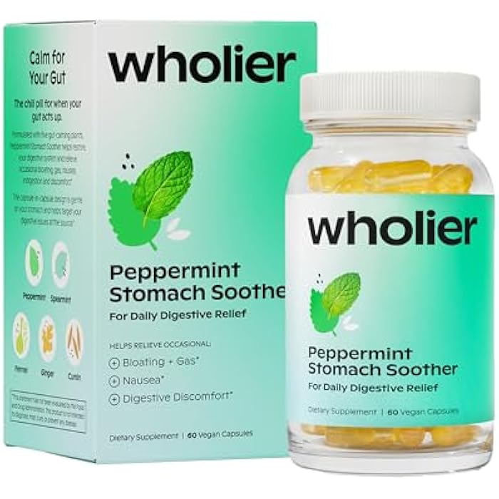 wholier Peppermint Stomach Soother with Peppermint Oil, Ginger, Fennel, Spearmint & Black Cumin Seed Oil, Bloating, Gas, Nausea & Digestive Support for Adults, Vegan, Gluten Free, 60 Dual Capsules - Image 1