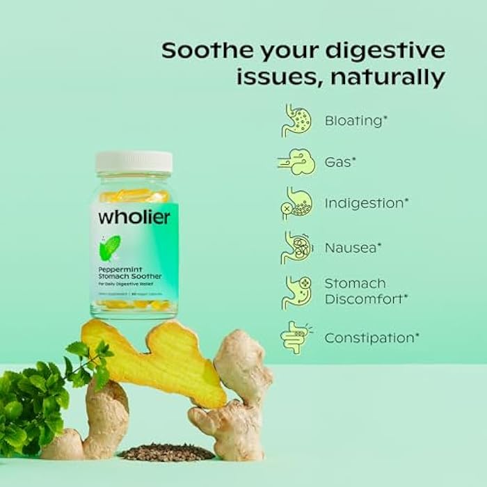 wholier Peppermint Stomach Soother with Peppermint Oil, Ginger, Fennel, Spearmint & Black Cumin Seed Oil, Bloating, Gas, Nausea & Digestive Support for Adults, Vegan, Gluten Free, 60 Dual Capsules - Image 2