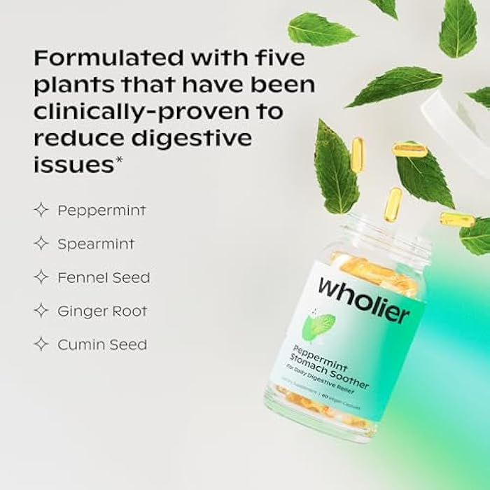 wholier Peppermint Stomach Soother with Peppermint Oil, Ginger, Fennel, Spearmint & Black Cumin Seed Oil, Bloating, Gas, Nausea & Digestive Support for Adults, Vegan, Gluten Free, 60 Dual Capsules - Image 3