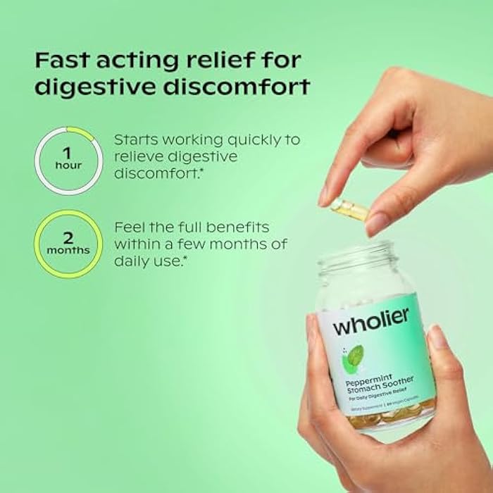 wholier Peppermint Stomach Soother with Peppermint Oil, Ginger, Fennel, Spearmint & Black Cumin Seed Oil, Bloating, Gas, Nausea & Digestive Support for Adults, Vegan, Gluten Free, 60 Dual Capsules - Image 5