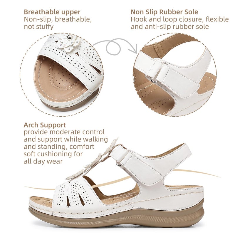 SHIBEVER Wedge Sandals for Women Dressy: White Size 8 Low Summer Platform Comfort Dress Sandal - Comfortable Walking Sandals - Ankle Strap Flat Womens Sandal - Image 4
