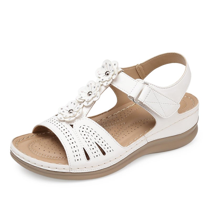 SHIBEVER Wedge Sandals for Women Dressy: White Size 8 Low Summer Platform Comfort Dress Sandal - Comfortable Walking Sandals - Ankle Strap Flat Womens Sandal - Image 1