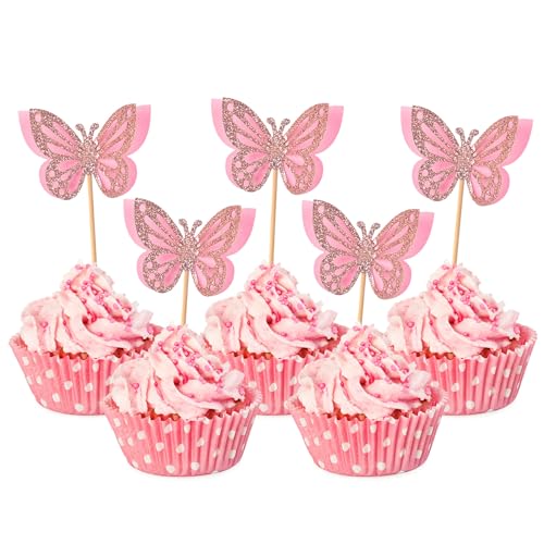 HOKPA Butterfly Cupcake Toppers 24 PCS Pink Paper Bamboo Party Decoration Kids Birthday Baby Shower Wedding Anniversary NonEdible - Image 1