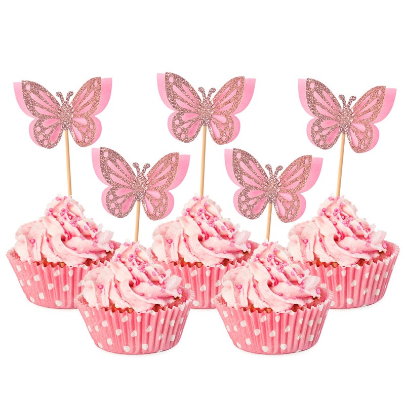 HOKPA Butterfly Cupcake Toppers 24 PCS Pink Paper Bamboo Party Decoration Kids Birthday Baby Shower Wedding Anniversary NonEdible - Image 2