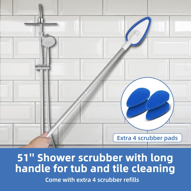 Qaestfy Shower Bathtub Tub Tile Scrubber Cleaning Brush with 51'' Handle, 5 Non-Scratch Scouring Pads, Adjustable Long Handled Scrub Brush for Cleaning Shower Bathroom Vessel Sinks Toilet Wall Floor - Image 2