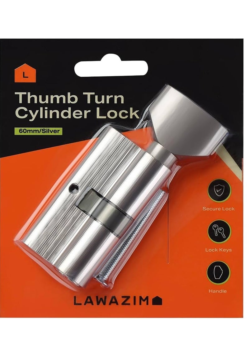 Lawazim Cylinder Thumb Lock with Handle - 60mm - Durable, Impact Resistant and Easy Keyless Installation for Interior Doors, Bedrooms, Bathrooms, Office and Patio, Matte Silver - Image 1