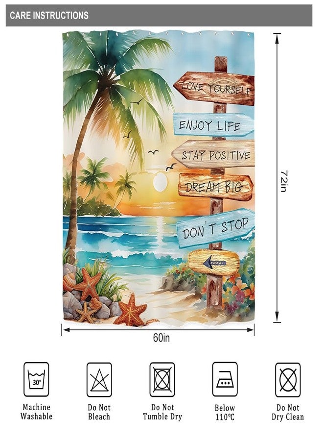 Riyidecor Tropical Beach Palm Tree Shower Curtain for Bathroom Decor 60Wx72H Summer Coastal Nautical Ocean Quotes Sunset Inspirational Art Printed Fabric Polyester Waterproof 12 Pack Plastic Hooks - Image 5