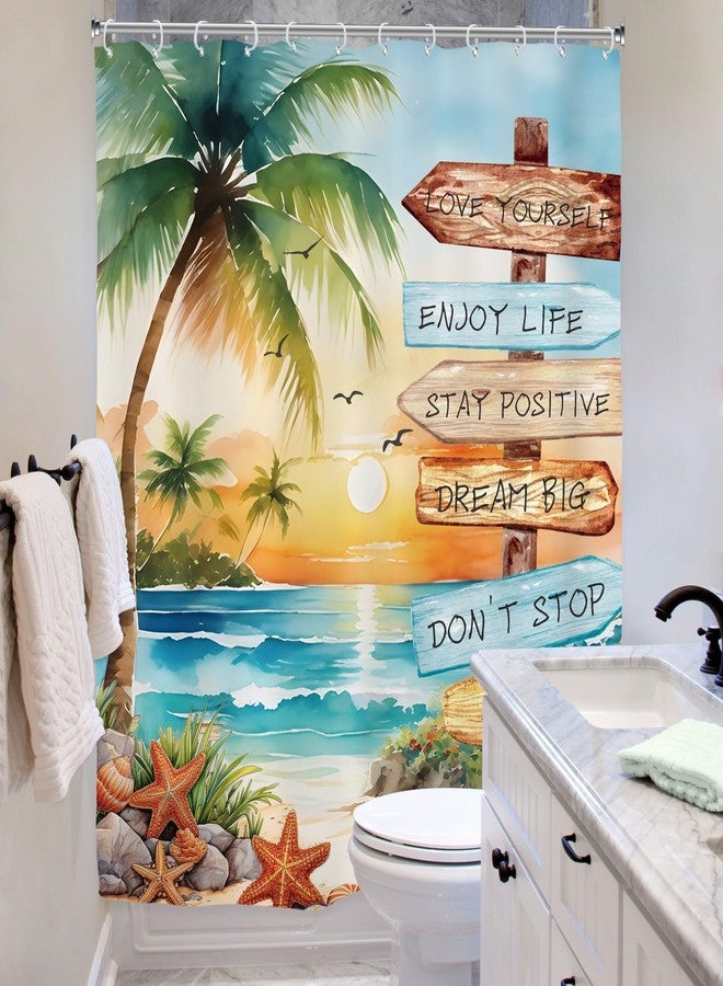 Riyidecor Tropical Beach Palm Tree Shower Curtain for Bathroom Decor 60Wx72H Summer Coastal Nautical Ocean Quotes Sunset Inspirational Art Printed Fabric Polyester Waterproof 12 Pack Plastic Hooks - Image 4