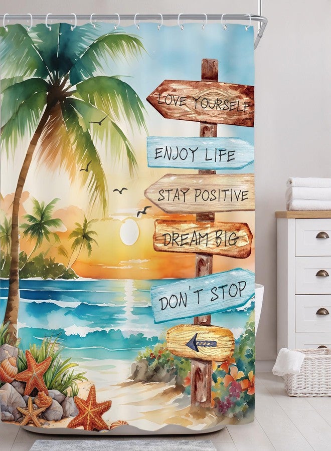 Riyidecor Tropical Beach Palm Tree Shower Curtain for Bathroom Decor 60Wx72H Summer Coastal Nautical Ocean Quotes Sunset Inspirational Art Printed Fabric Polyester Waterproof 12 Pack Plastic Hooks - Image 2