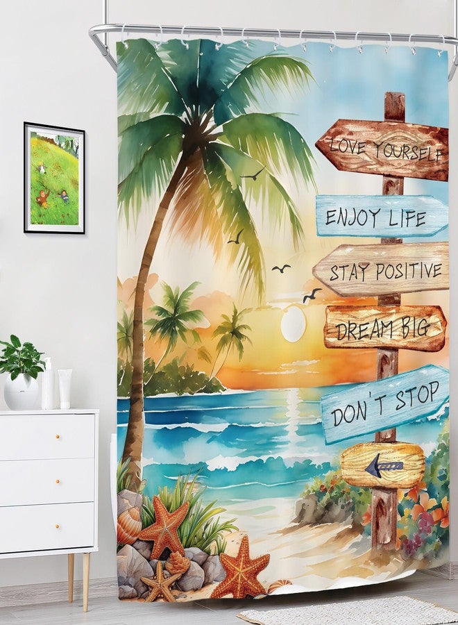 Riyidecor Tropical Beach Palm Tree Shower Curtain for Bathroom Decor 60Wx72H Summer Coastal Nautical Ocean Quotes Sunset Inspirational Art Printed Fabric Polyester Waterproof 12 Pack Plastic Hooks - Image 3