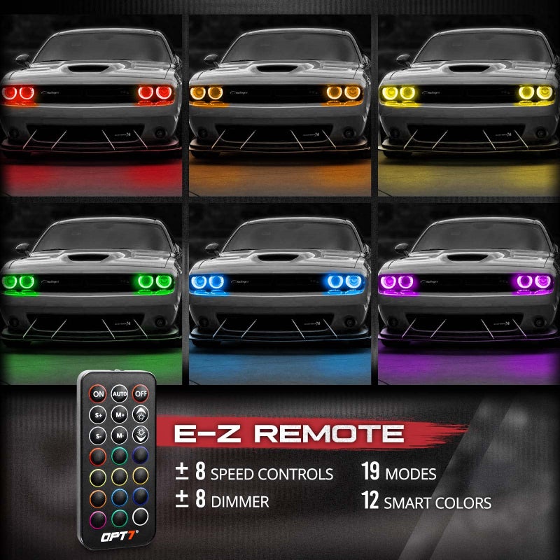 OPT7 Aura Halo Lights DRL for 2008-2023 Dodge Challenger with Remote Control, RGB Multicolor LED Neon Lighting Kit, Demon Eye, Angel Eye, Headlight Accessories, Easy Installation, Car Decor Assemblies - Image 3