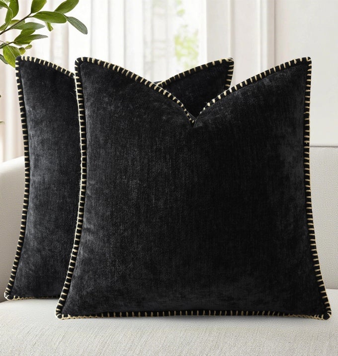 SPRING CHENILLE SOFT THROW PILLOW COVERS 24X24 SET OF 2 FARMHOUSE VELVET NEUTRAL DECORATIVE EURO SHAM PILLOW COVERS WITH STITCHED EDGE FOR COUCH SOFA BED HOME DECOR BLACK