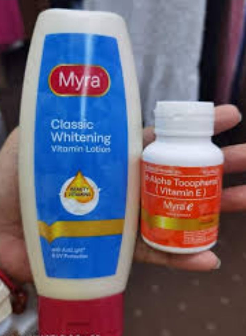Myra 400 IU Vitamin E 30 Capsules and Classic Whitening Vitamin Lotion 200 ml