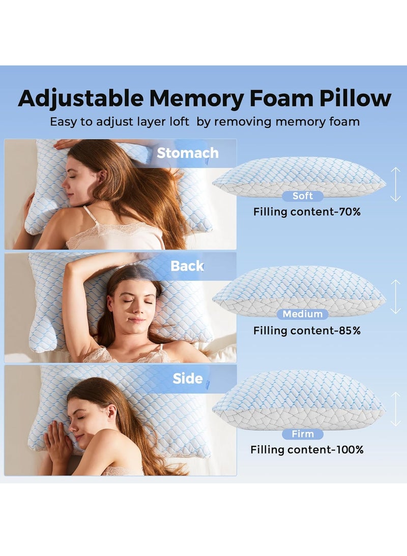 puredown King Size Pillows Set of 2, Shredded Memory Foam Pillows, Cooling Pillows King 2 Pack, Foam Pillow for Sleeping, Adjustable Firm Bed Pillow for Side, Back and Stomach Sleepers (King) - Image 2