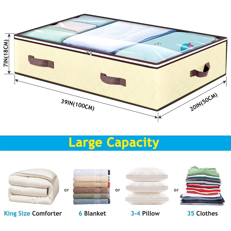 Budding Joy 6 Pack 90L Under bed Storage Containers Organizer Large Capacity Underbed Clothes Storage Bins Organization and Storage Bedroom Foldable Storage Bags with Clear Window Beige - Image 2