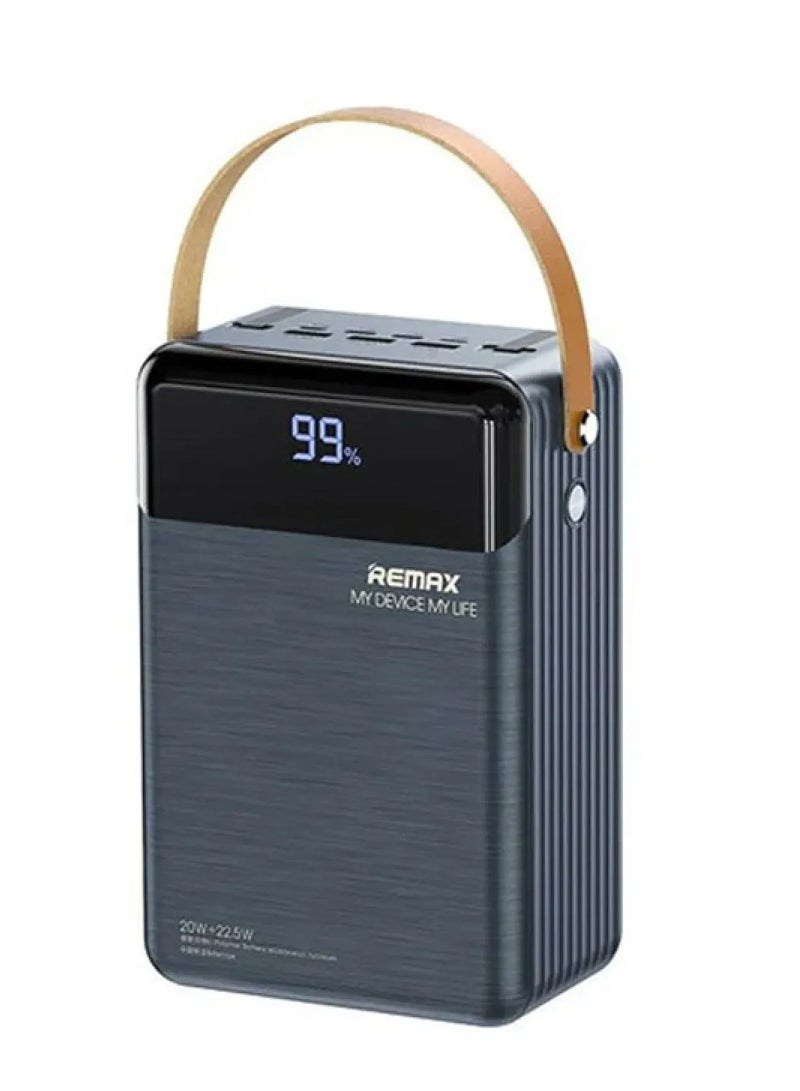 REMAX Lesu II Series RPP-566 Power Bank 80000mAh, charges your phone more than 5 times, equipped with PD 20W + QC 22.5W technology for super-fast charging, 3 USB outputs (including built-in Type-C and Lightning cable), shock and heat resistant body made of high-quality materials, digital display shows battery and charging status, ideal for travel, trips, and charging anywhere without worrying about running out of battery, supports fast charging for iPhone, Android, and gaming devices - Image 1